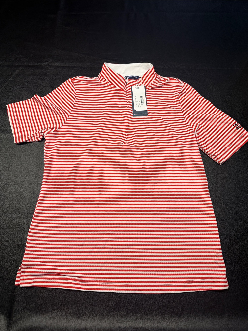Cutter & Buck Red and White Striped Short Sleeve Polo University of Tampa logo